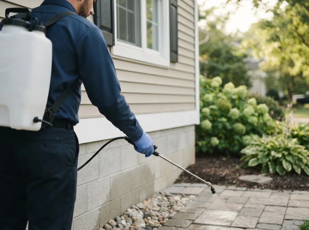 Pest control technician inspecting a home in Germantown, IL